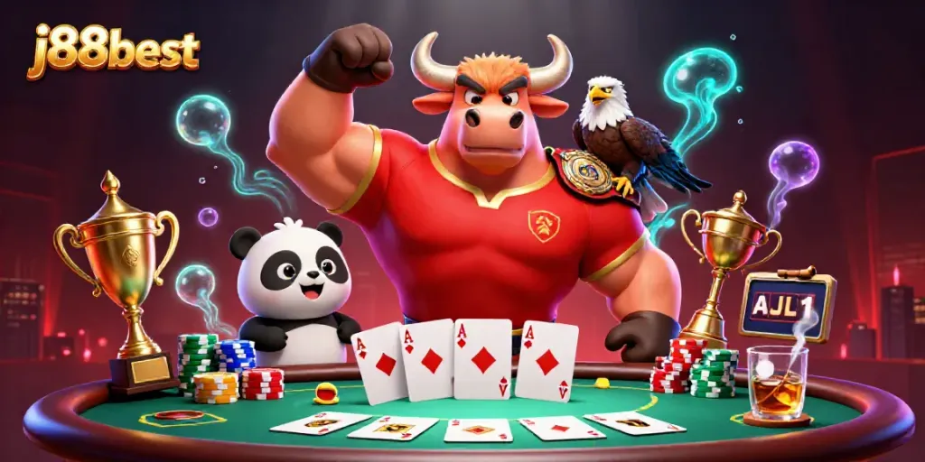 Engage in the thrilling world of j88best with this dynamic casino illustration showcasing winning casino characters.