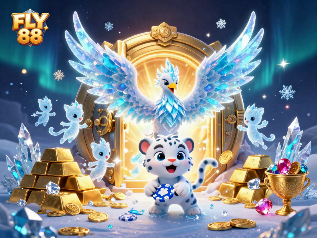 Experience FLY 88 casino magic with a dynamic ice phoenix scene full of gems and treasures.