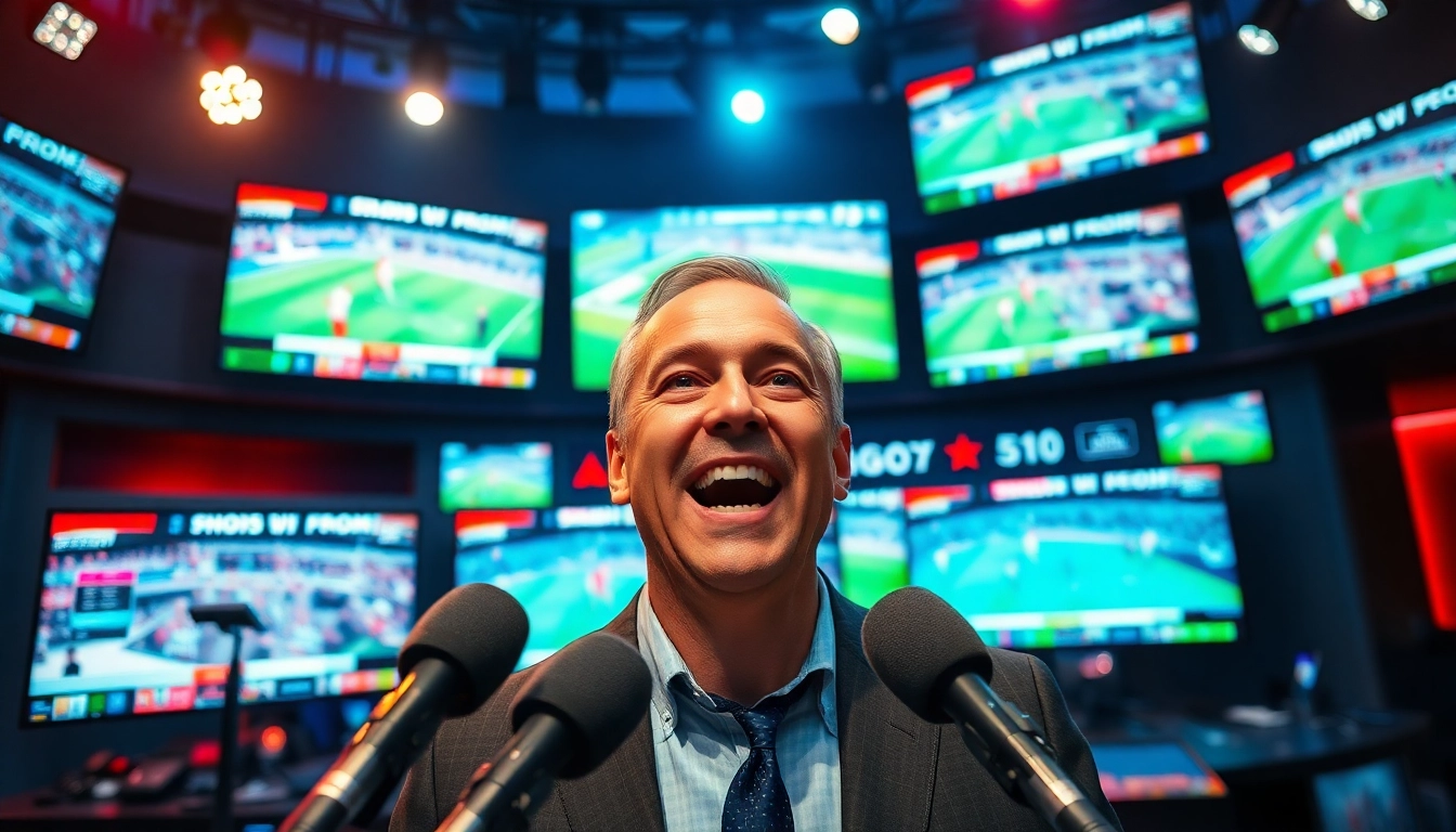 Engaging sports broadcasting scene with a passionate announcer in a state-of-the-art studio.
