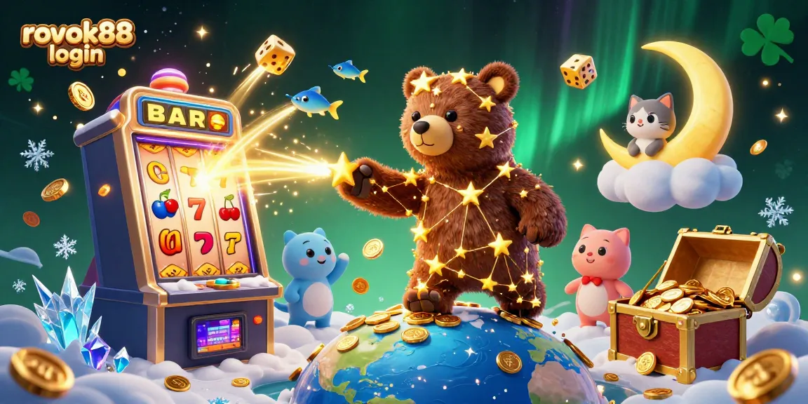 Engage with rokok88 login as a constellation bear gathers coins from Earth, surrounded by vibrant casino elements.