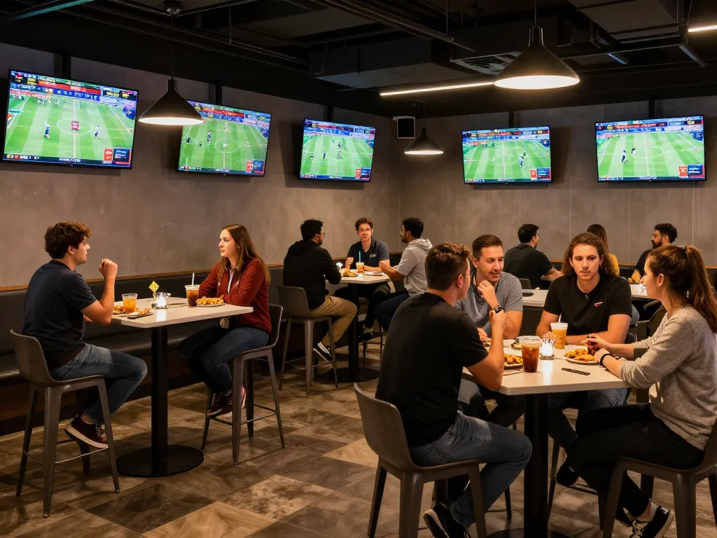Tỷ lệ kèo nhà cái detailed analysis in a bustling sports betting lounge with engaged bettors