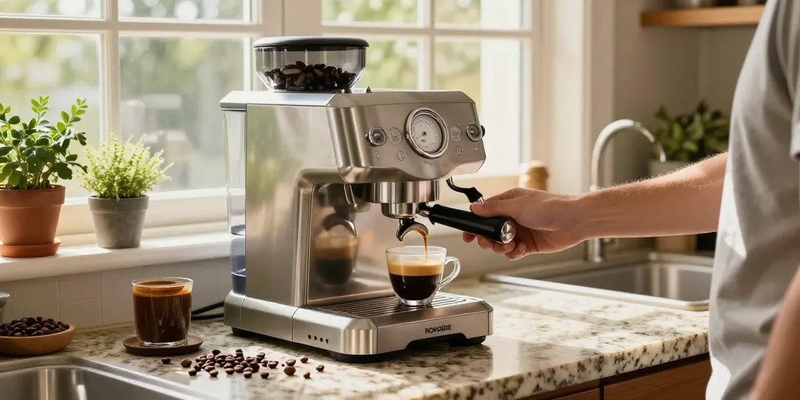 ROKOK88 espresso machine in a modern kitchen showcasing fresh espresso preparation.
