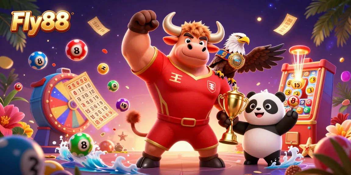 Fly88 logo event showcases a victory scene with animated characters and vibrant casino elements.