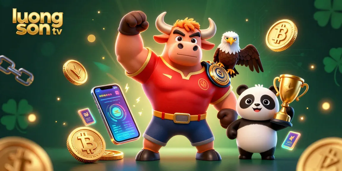Experience the excitement of luong son tv as a muscular bull mascot celebrates surrounded by cryptocurrency elements.