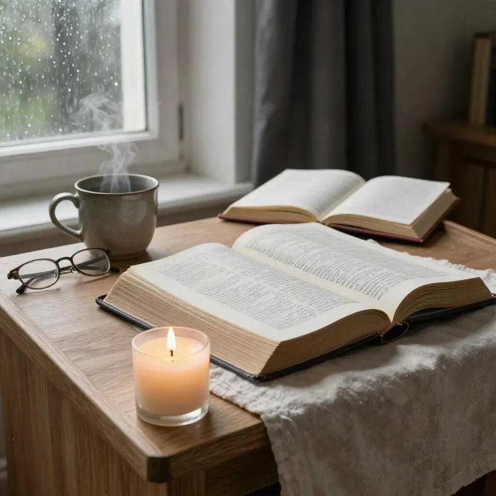 Aufgeschlagenes Bibelbuch auf heller Holzkanzel mit Kerze, Tasse und Morgenregen am Fenster.