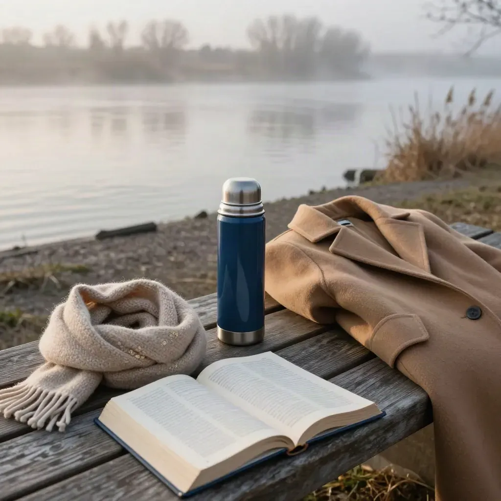Neblige Flussbank mit Bibel, Schal, Thermoskanne und Mantel im Morgenlicht
