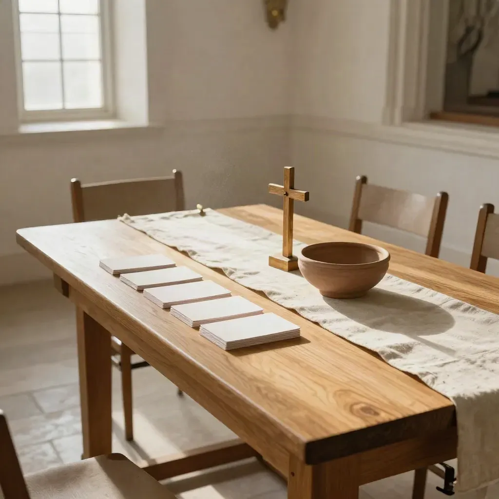 Kirchenfoyer mit Holzkreuz, leeren Gesprächskarten und Tonschale im Mittagslicht.