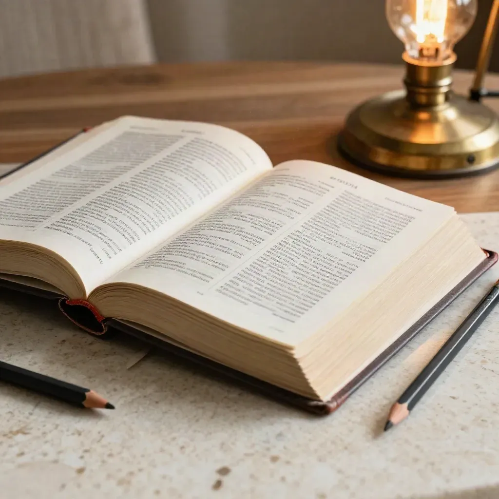 Offene Studienbibel mit Tabs, Notizbuch und Bleistift neben warmer Schreibtischlampe.