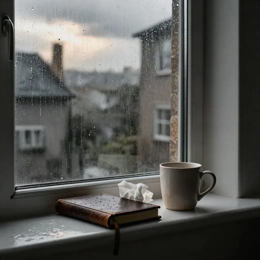 Regennasses Fenster mit Gebetsjournal, Taschentuch und Becher im stillen Nachmittagslicht.