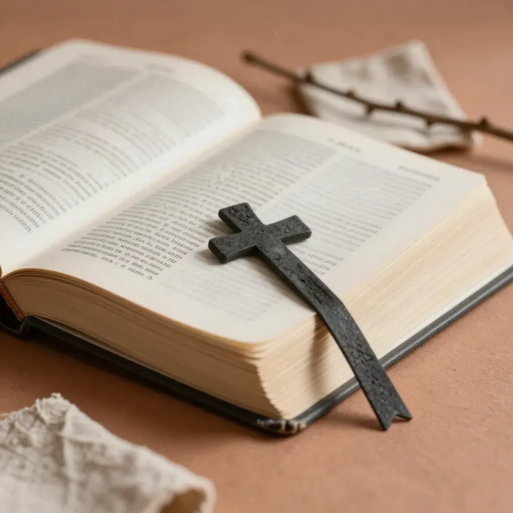 Geschlossene Bibel mit Kreuz-Lesezeichen, Zweig und Leinentuch im weichen Tageslicht.