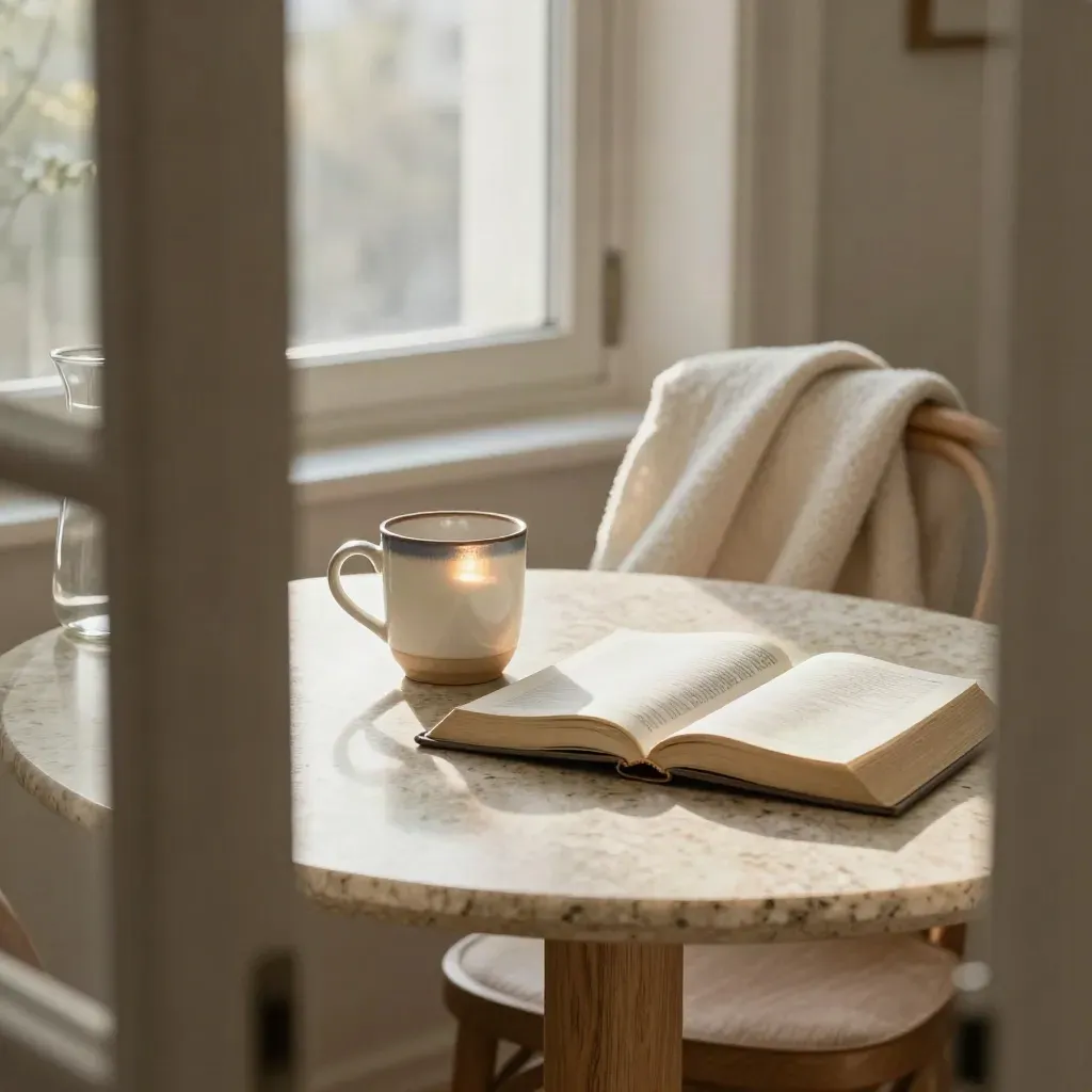 Morgendliche Tischszene mit Bibel, Tasse und Wolldecke im warmen Fensterlicht.