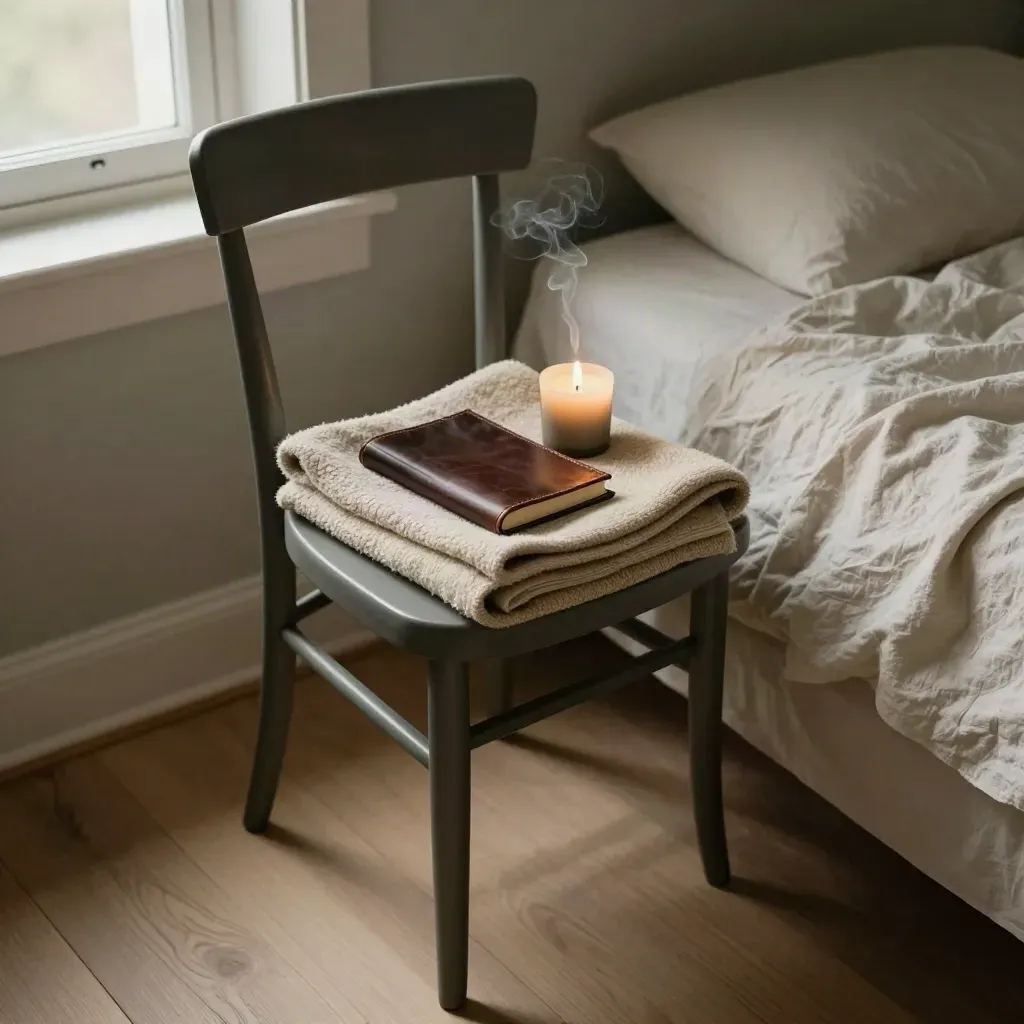 Gebetsstuhl mit Decke, geschlossenem Journal und Kerze im stillen Morgenlicht.