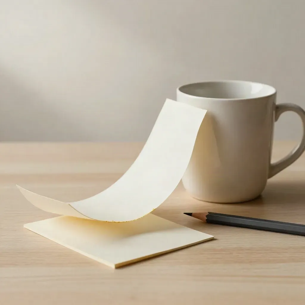 Ein Blatt weht neben Tasse, Bleistift und Notizkarte auf hellem Schreibtisch.