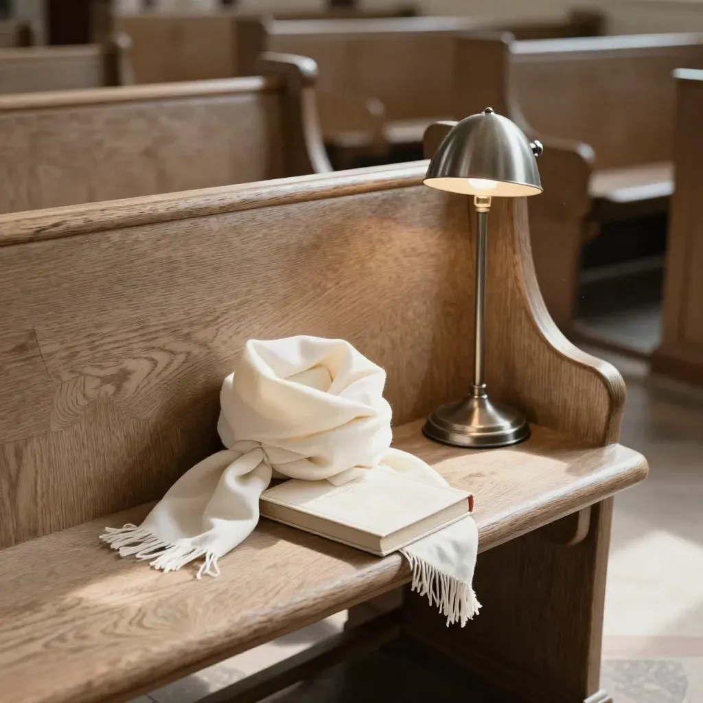 Bank mit Schal, geschlossenem Heft und Leselampe im Kirchenraum im Seitenlicht.