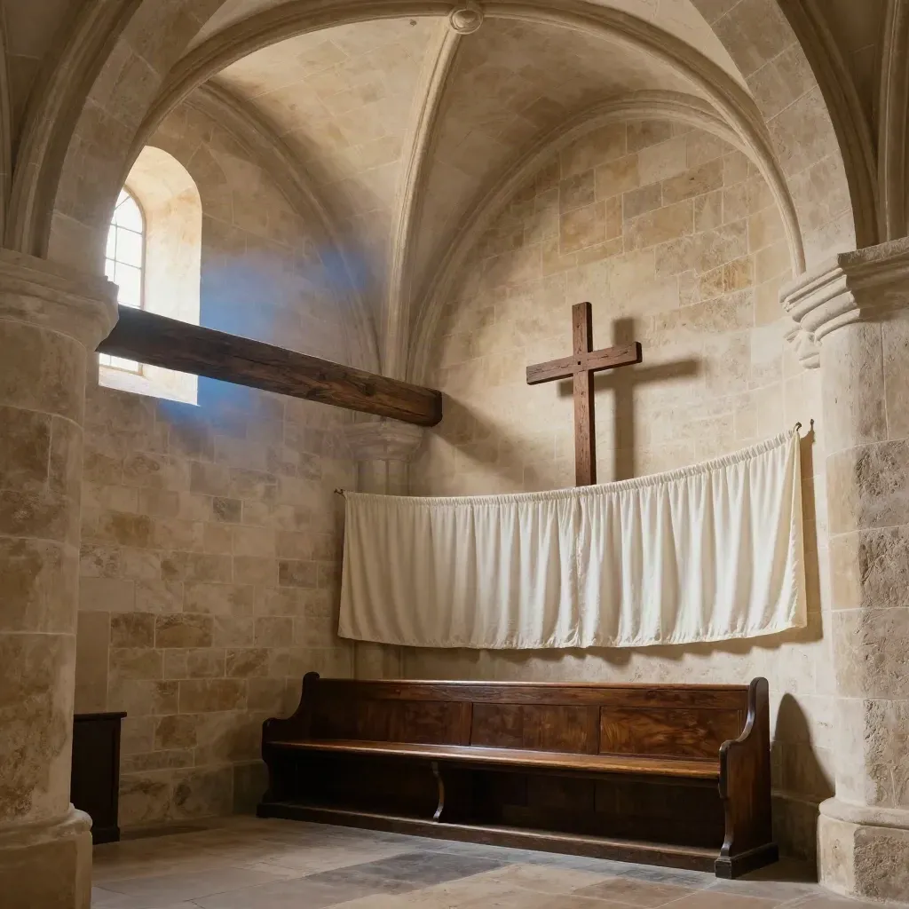 Alte Steinkapelle mit Holzkreuz, Bank und Leinenvorhang im Lichtstrahl.