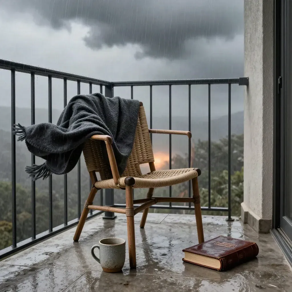 Regennasser Balkon mit Stuhl, Decke, Tasse und geschlossenem Journal im Wind.