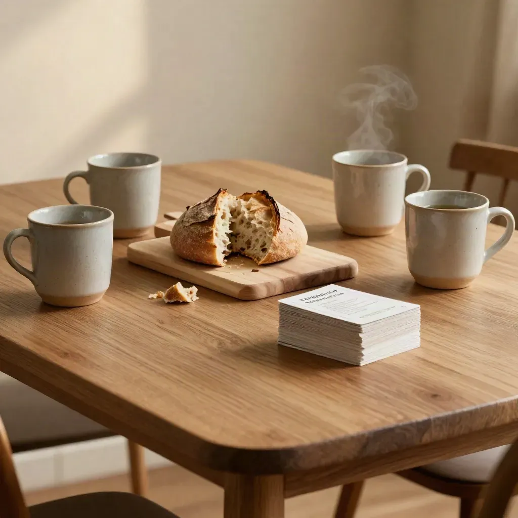 Vier Tassen, Brotbrett und Gesprächskarten auf einem ruhigen Holztisch nach der Kleingruppe.