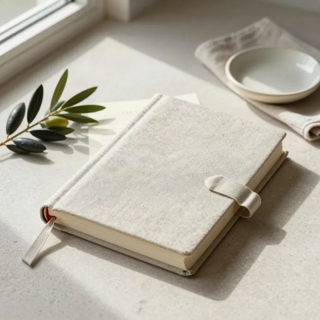Linengebundenes Andachtsjournal mit Olivenzweig, Tuch und Keramikschale auf Stein.