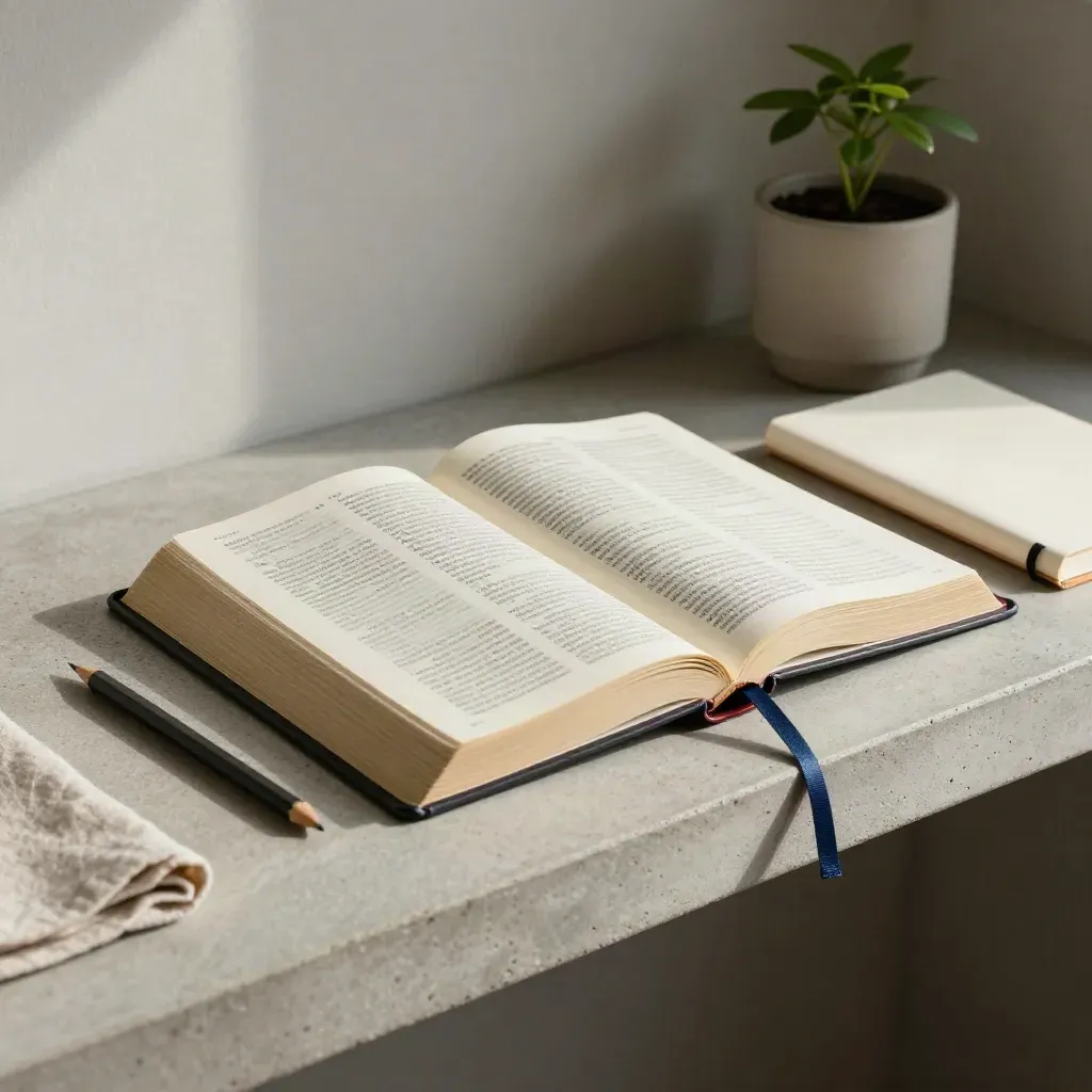 Offene Bibel mit Tabs, Notizbuch, Stift und kleiner Pflanze auf Steinschale.