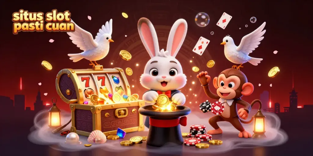 Memenangkan situs slot pasti cuan dengan karakter kartun beraksi meraih koin emas dalam latar memukau.