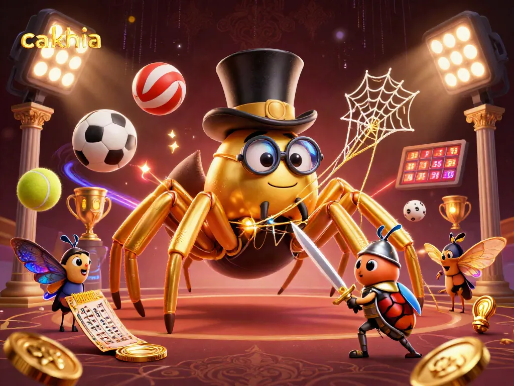 Cakhia presents a vibrant and dynamic scene with a golden tarantula weaving a web among sports elements.
