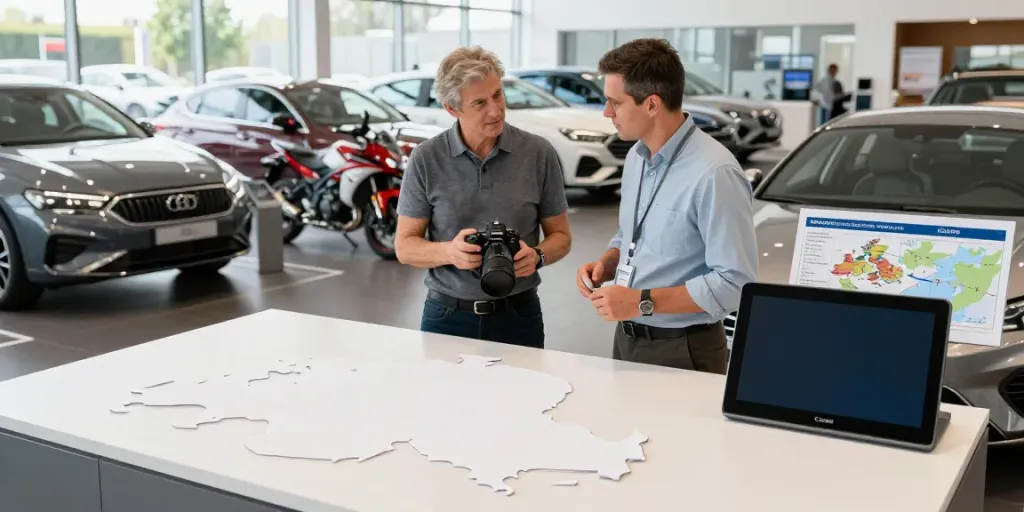 Import Ihres Autos aus der Schweiz ins Vereinigte Königreich, Beratungsgespräch im Autohaus mit Fahrzeuganzeigen