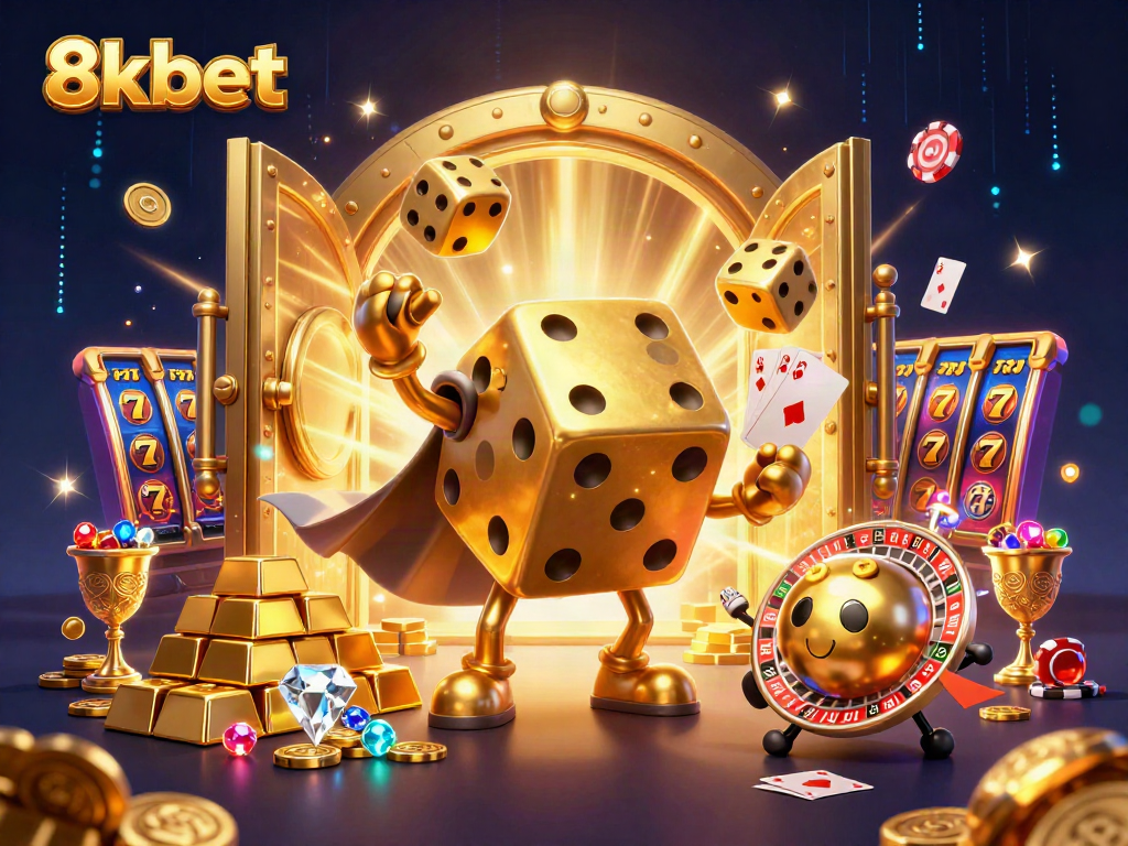 Experience 8xbet's thrilling casino world with golden dice golem and jackpot treasures.
