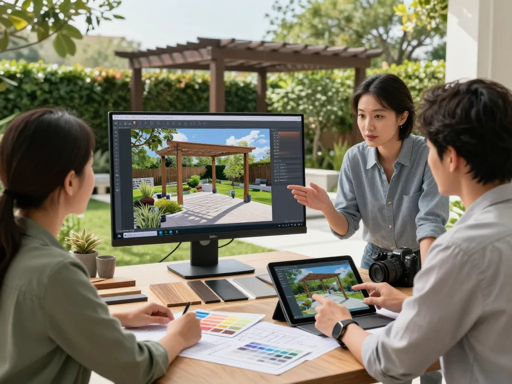 Pergola Konfigurator Software Schweiz, die in einer ruhigen Design-Sitzung mit einem Kunden verwendet wird und lebendige 3D-Visualisierungen und Materialien zeigt.