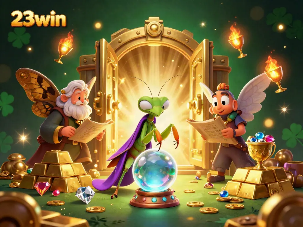 Experience thrilling fun at 23win with a vibrant illustration of a fortune teller and treasures of luck.