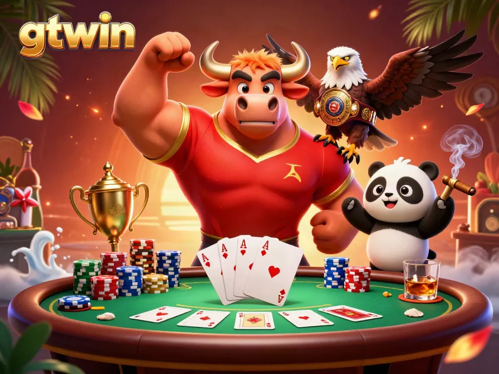 Experience excitement with gtwin, featuring a muscular bull mascot, eagle, and panda at a vibrant casino scene.