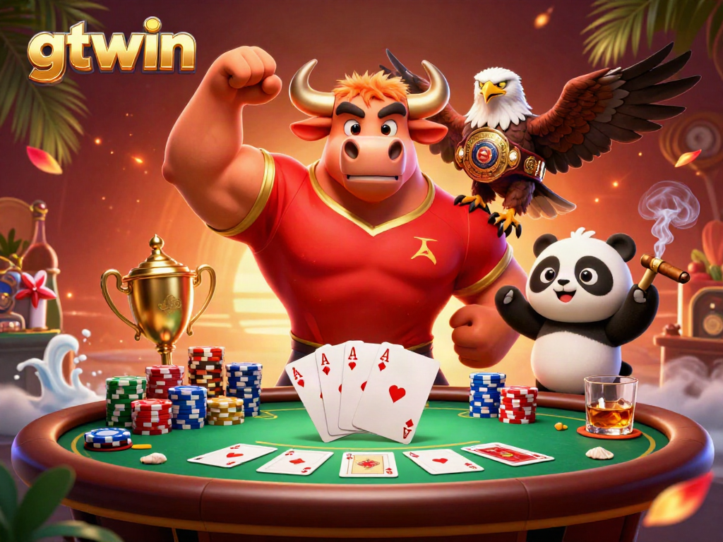Experience excitement with gtwin, featuring a muscular bull mascot, eagle, and panda at a vibrant casino scene.