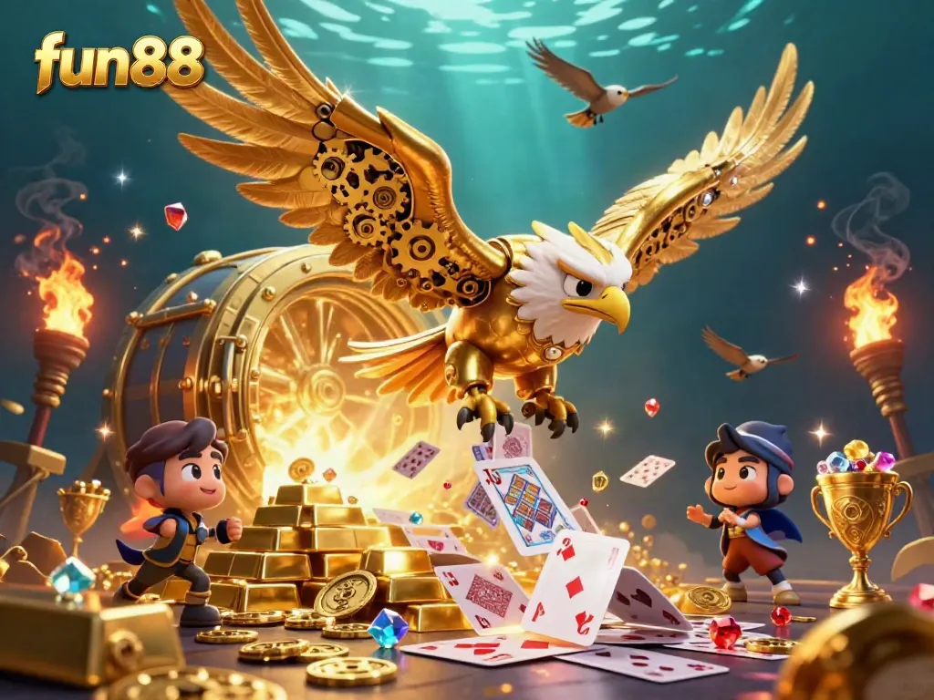 Experience fun88's thrilling casino action with a vibrant dive into golden treasures and holographic cards.