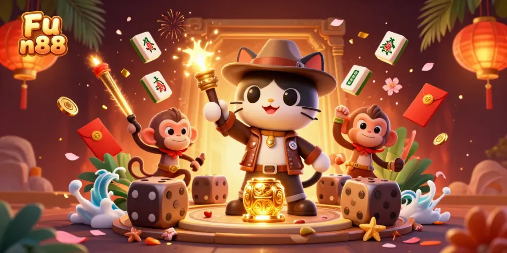Experience the excitement of Fu n88 with an adventurous scene in a vibrant casino-themed temple