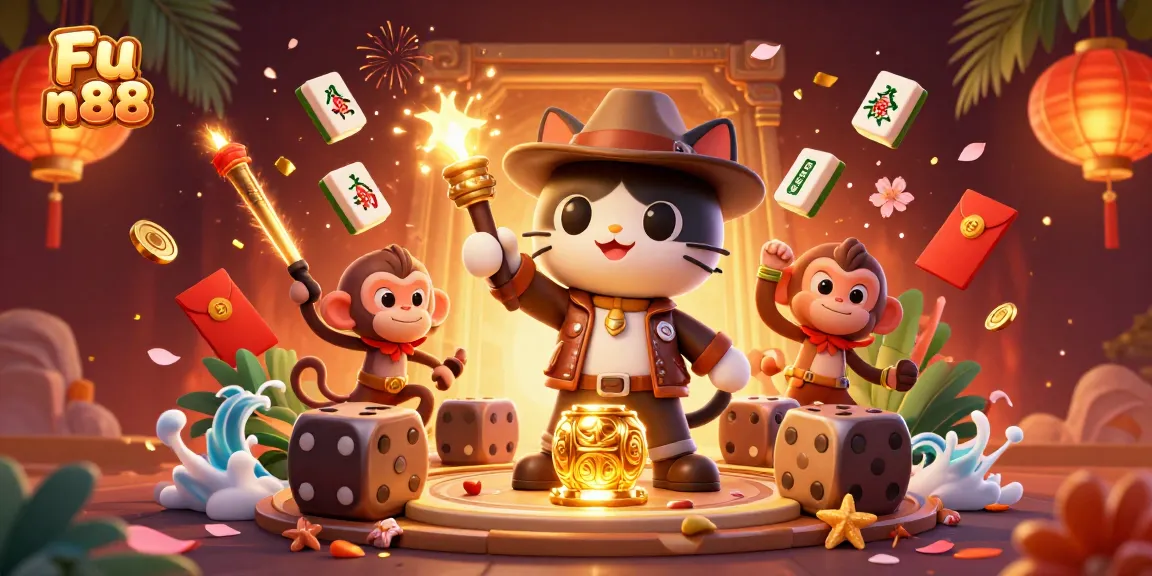 Experience the excitement of Fu n88 with an adventurous scene in a vibrant casino-themed temple