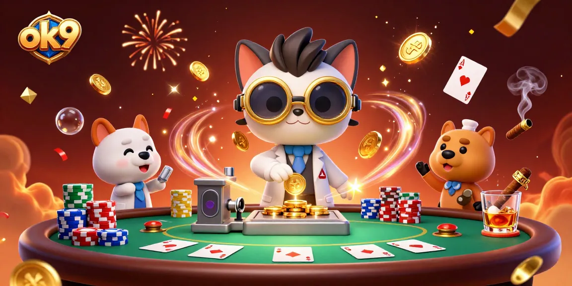 Experience exciting gameplay at ok9, featuring a mad scientist cat with vibrant casino elements.