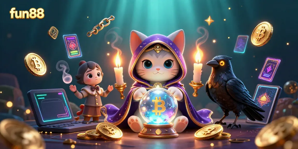 Spin and win with fun88, featuring a mystical cat, tarot raven, and glimmering symbols.