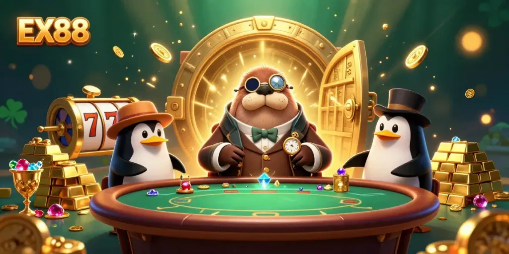 Play poker at EX88 with the jolly walrus, penguin dealer, and pufferfish in an underwater casino