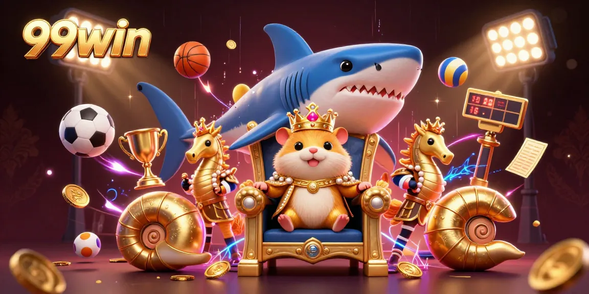 Experience the thrill of 99win with vibrant casino imagery featuring the hamster king and sports elements.