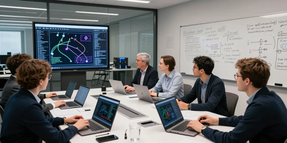 Dynamic quantum computing research team collaborating on IVQ Schweiz innovations, showcasing advanced algorithms and data analysis.