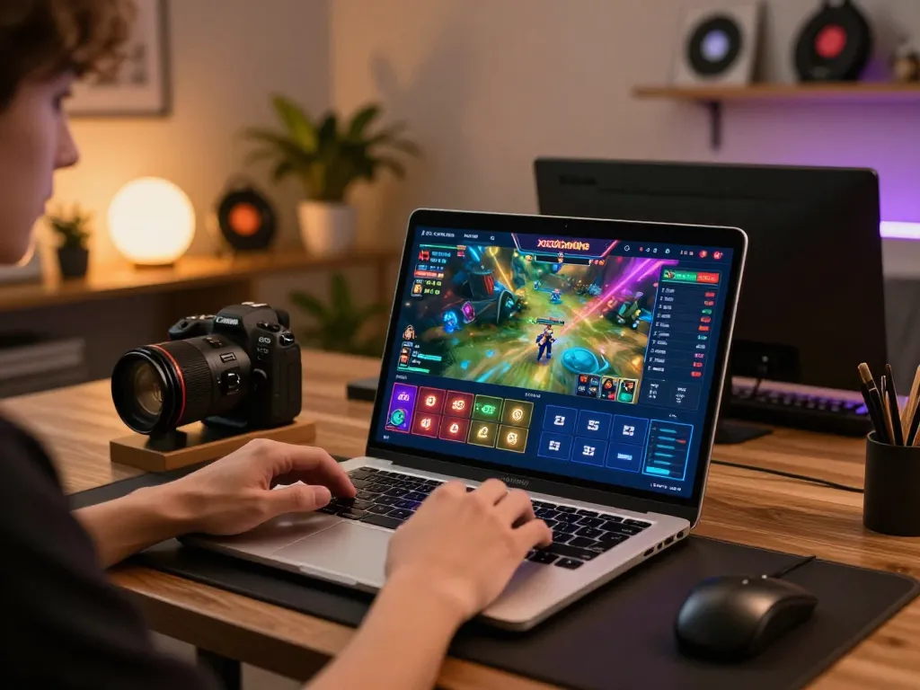 Xocdiaonline online gambling scene featuring a user engaging with interactive game interface on laptop in cozy home office.