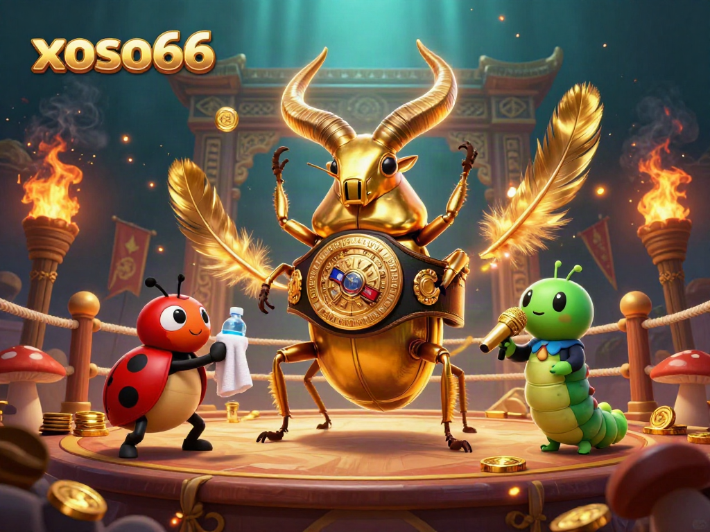 xoso66 showcases a vibrant casino scene with a giant beetle and betting elements in an energetic atmosphere.