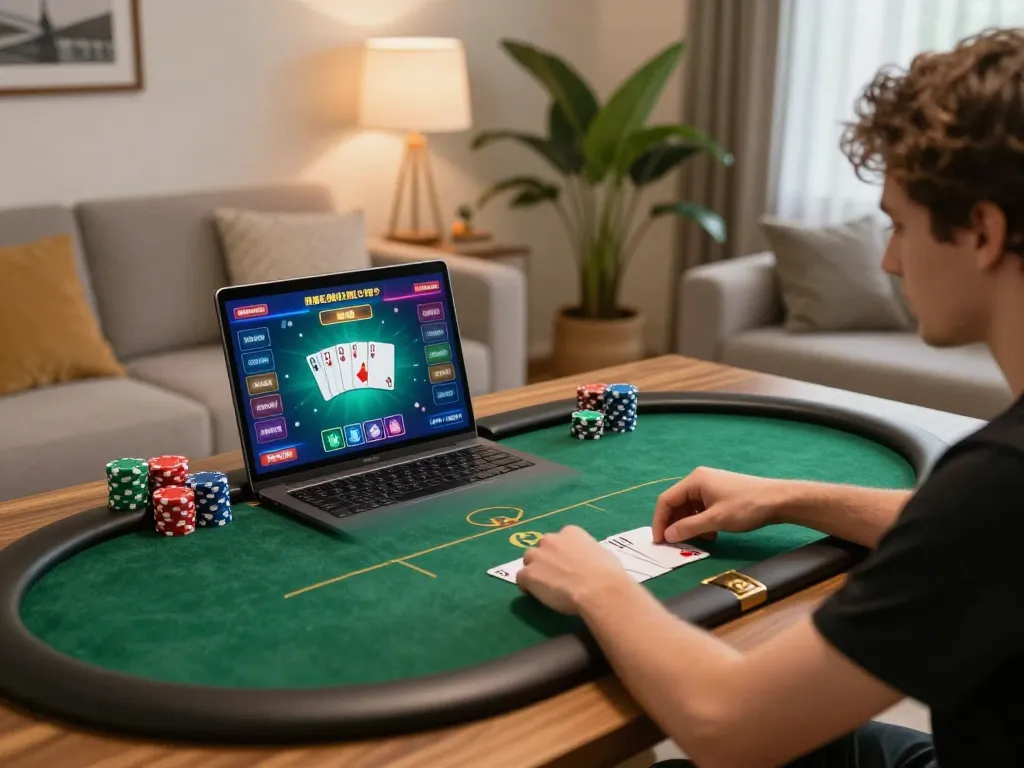 Experience online poker action with 98wincom in a cozy home setting.