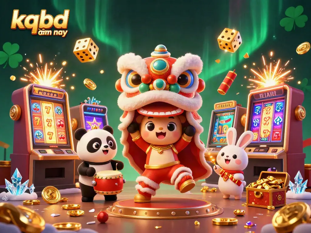Experience kqbd hôm nay with a vibrant 3D illustration featuring lively celebrations and casino elements.