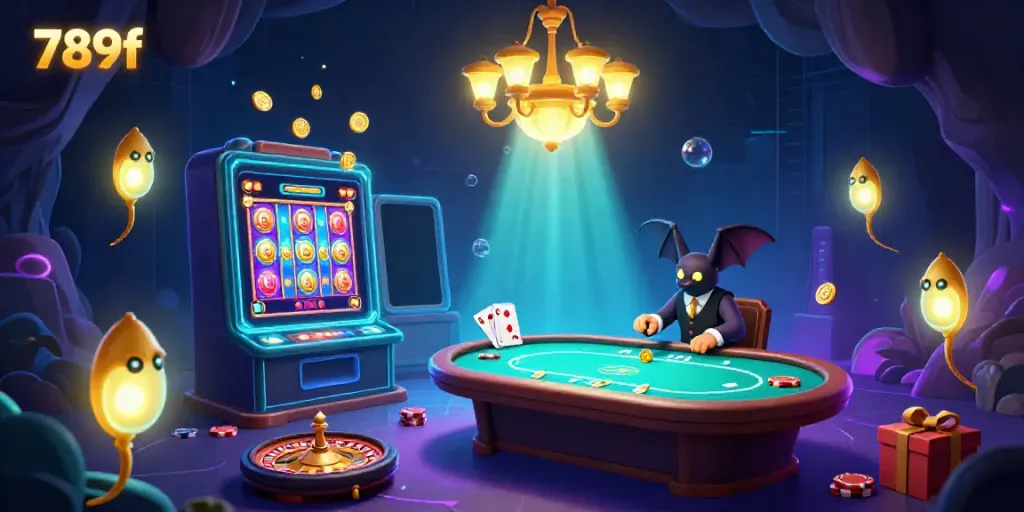 Experience the excitement of 789f with a glowworm-themed cave casino illustration, featuring vibrant gaming elements.