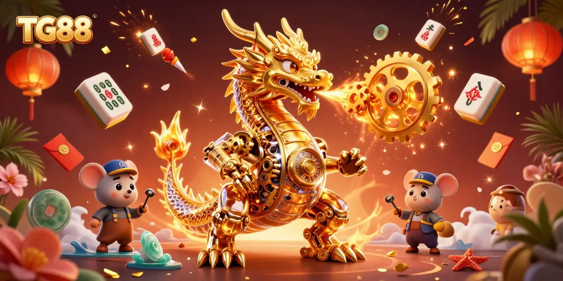 TG88 players experience thrilling adventures with a golden dragon, gears, and enchanted gaming elements.