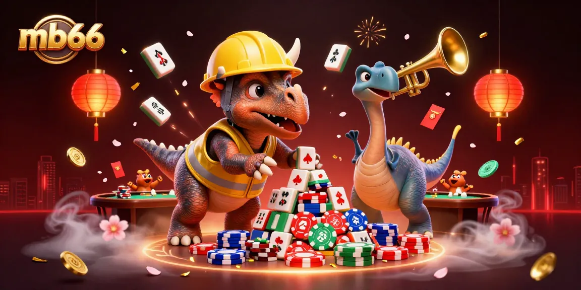 Celebrate at mb66 with a lively scene of a triceratops and friends building poker chip pyramids.