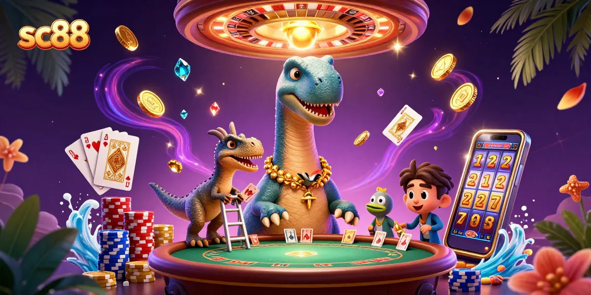 sc88 showcases a dynamic scene with a playful brontosaurus and clever raptor in the casino.