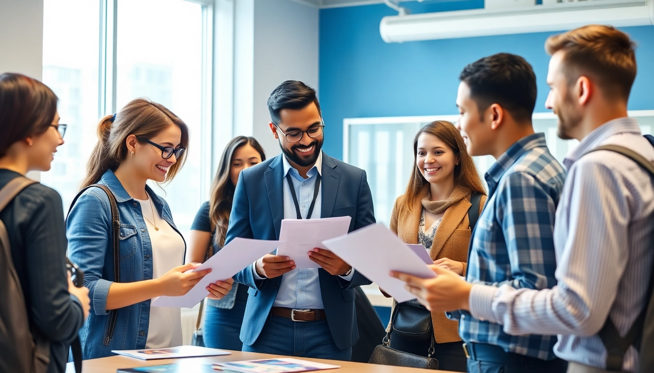 Assisting diverse travelers with eta application uk forms in a modern office.