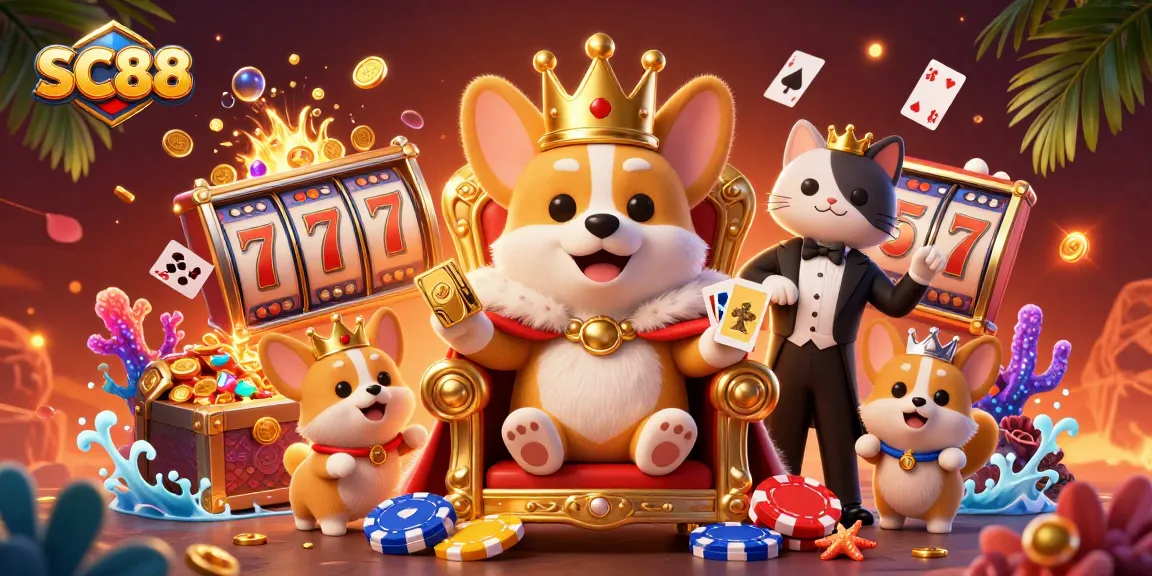 Experience the rich world of SC88 in a dynamic casino scene with charming characters and vibrant elements.
