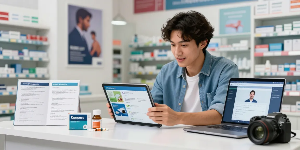 Engaged young man browsing Kamagra kaufen Schweiz options online in a modern pharmacy setting, promoting men's health.